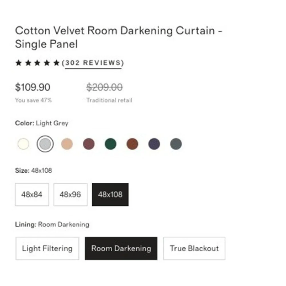 NWOT QUINCE Navy Luster Velvet Room Darkening Curtain Single Panel 48X96